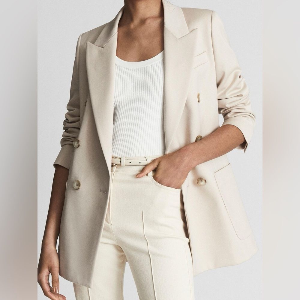 Reiss Double Breasted Twill Blazer In Neutral